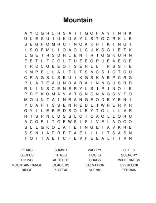 Mountain Word Search Puzzle