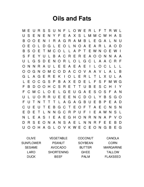 Oils and Fats Word Search Puzzle