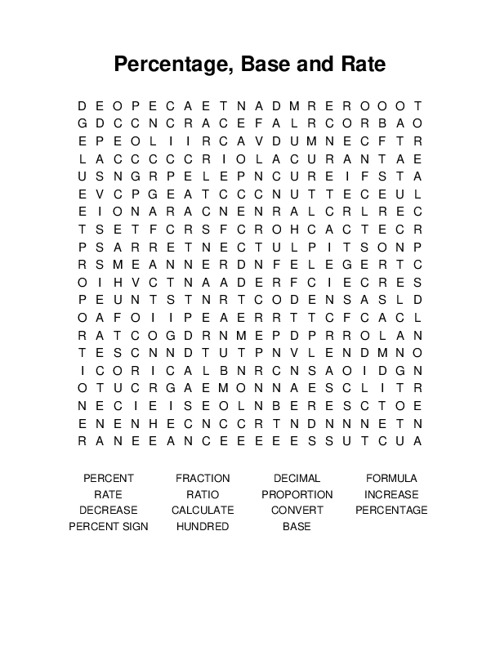 Percentage, Base and Rate Word Search Puzzle