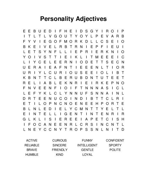 Personality Adjectives Word Search Puzzle
