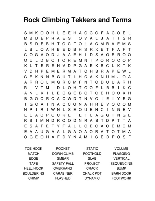 Rock Climbing Tekkers and Terms Word Search Puzzle