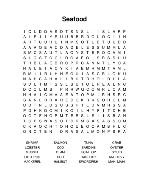 Seafood Word Search Puzzle