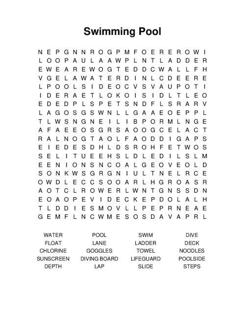 Swimming Pool Word Search Puzzle