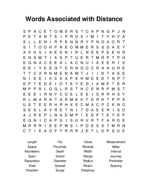 Words Associated with Distance Word Search Puzzle