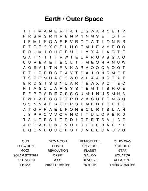 Earth / Outer Space Word Search Puzzle