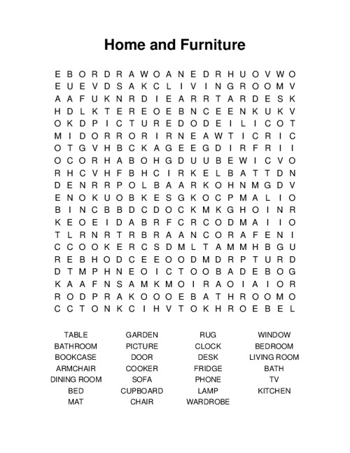 Home and Furniture Word Search Puzzle
