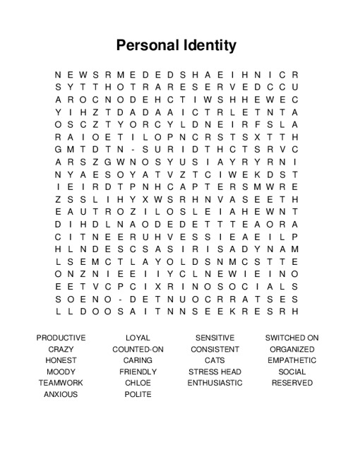 Personal Identity Word Search Puzzle