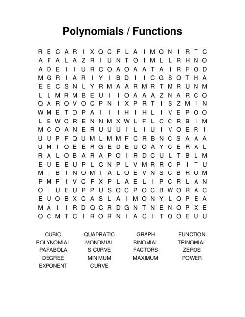 Polynomials / Functions Word Search Puzzle