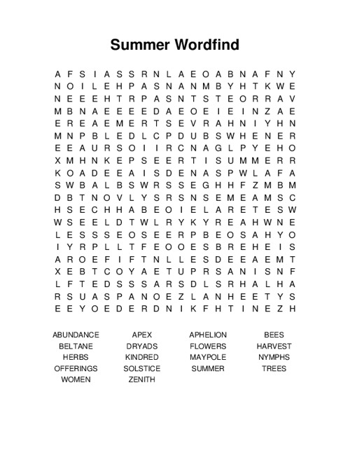 Summer Wordfind Word Search Puzzle