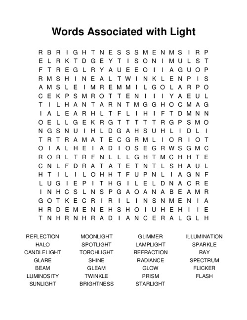 Words Associated with Light Word Search Puzzle