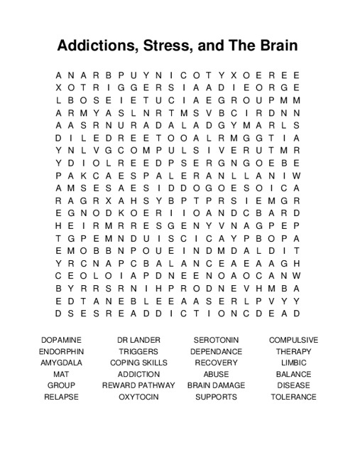 Addictions, Stress, and The Brain Word Search Puzzle