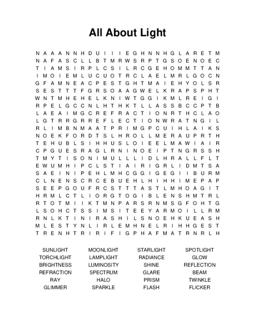 All About Light Word Search Puzzle