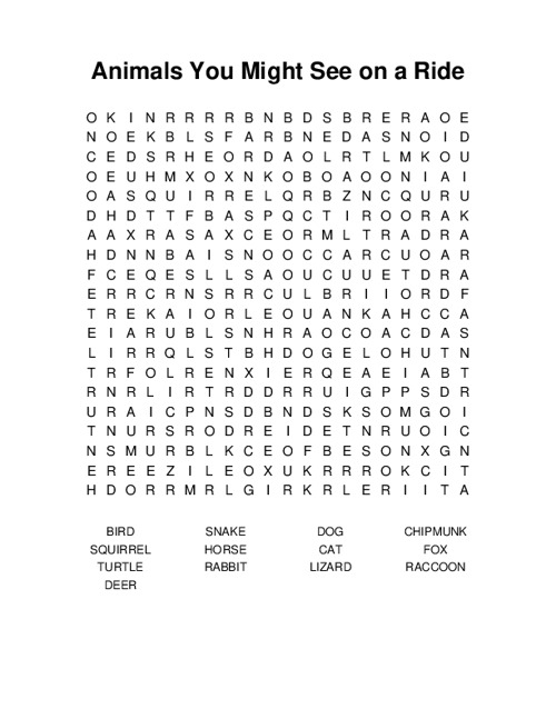 Animals You Might See on a Ride Word Search Puzzle