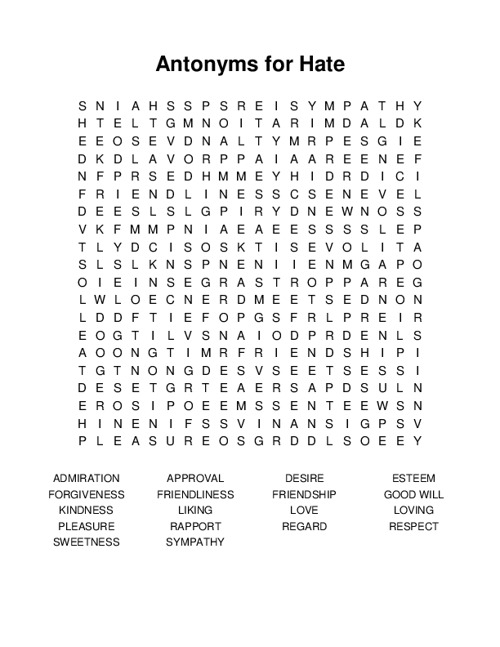 Antonyms for Hate Word Search Puzzle