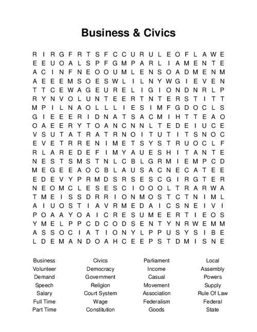 Business & Civics Word Search Puzzle