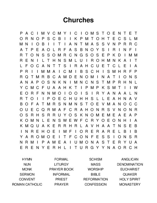 Churches Word Search Puzzle