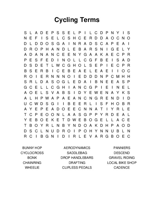 Cycling Terms Word Search Puzzle