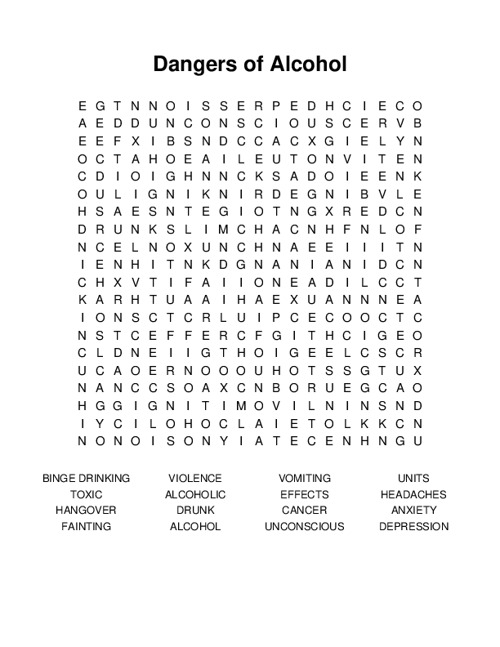 Dangers of Alcohol Word Search Puzzle