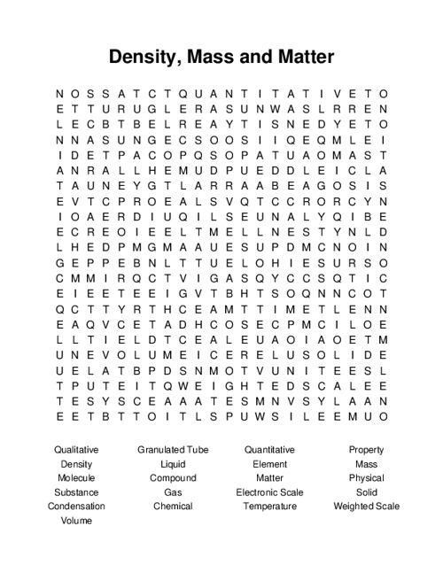 Density, Mass and Matter Word Search Puzzle