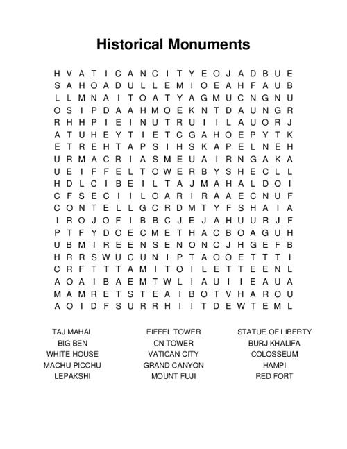 Historical Monuments Word Search Puzzle