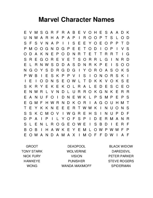 Marvel Character Names Word Search Puzzle