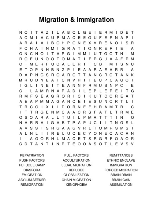 Migration & Immigration Word Search Puzzle