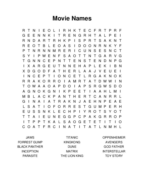 Movie Names Word Search Puzzle