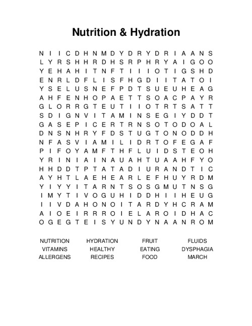 Nutrition & Hydration Word Search Puzzle