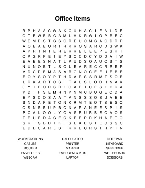 Office Items Word Search Puzzle