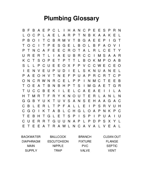 Plumbing Glossary Word Search Puzzle