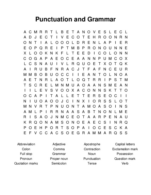 Punctuation and Grammar Word Search Puzzle