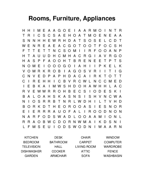 Rooms, Furniture, Appliances Word Search Puzzle