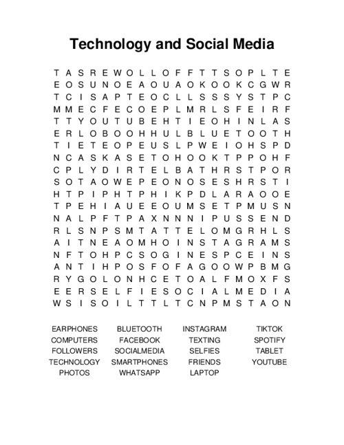 Technology and Social Media Word Search Puzzle