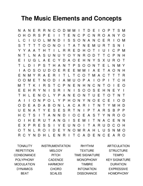 The Music Elements and Concepts Word Search Puzzle