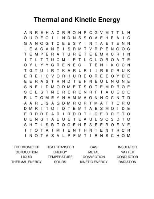 Thermal and Kinetic Energy Word Search Puzzle
