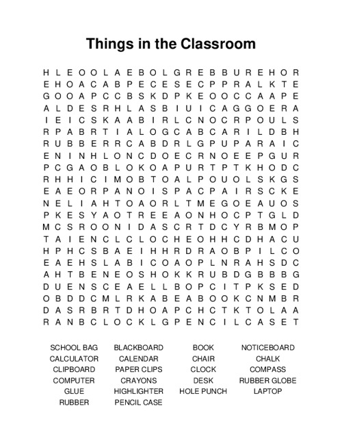Things in the Classroom Word Search Puzzle