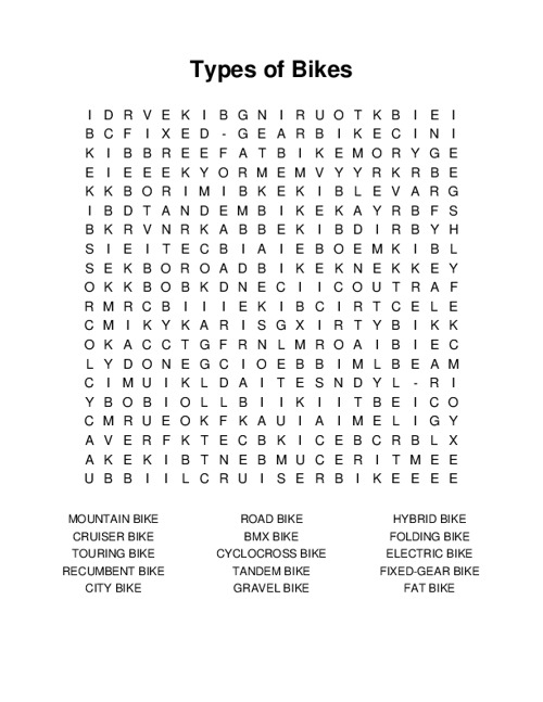 Types of Bikes Word Search Puzzle