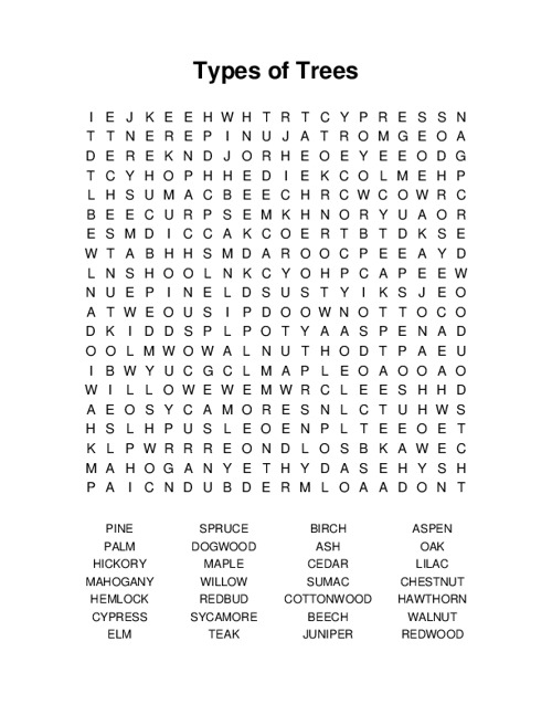 Types of Trees Word Search Puzzle