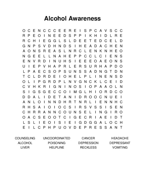 Alcohol Awareness Word Search Puzzle