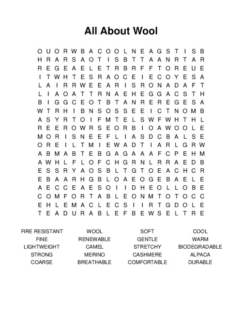 All About Wool Word Search Puzzle