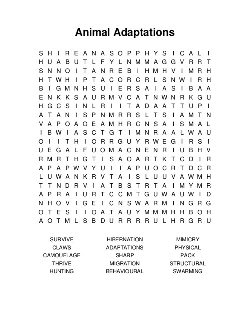 Animal Adaptations Word Search Puzzle