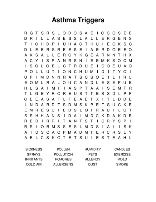 Asthma Triggers Word Search Puzzle