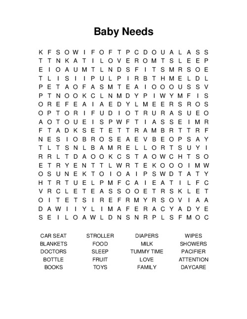 Baby Needs Word Search Puzzle