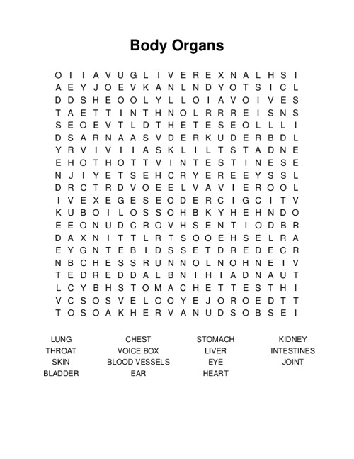 Body Organs Word Search Puzzle