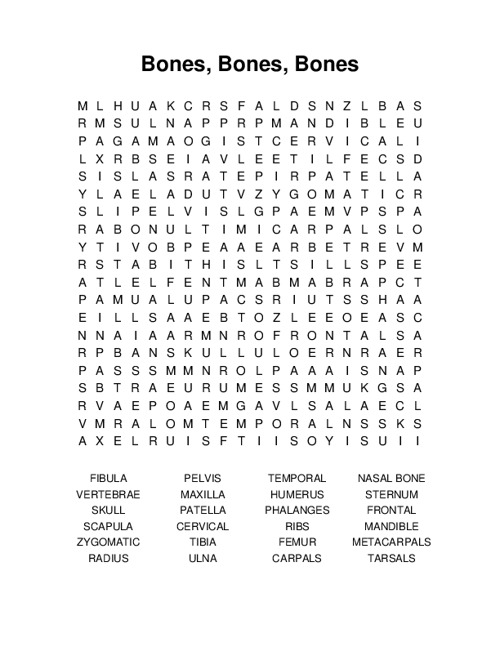 Bones, Bones, Bones Word Search Puzzle