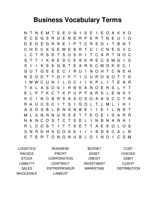 Business Vocabulary Terms Word Search Puzzle