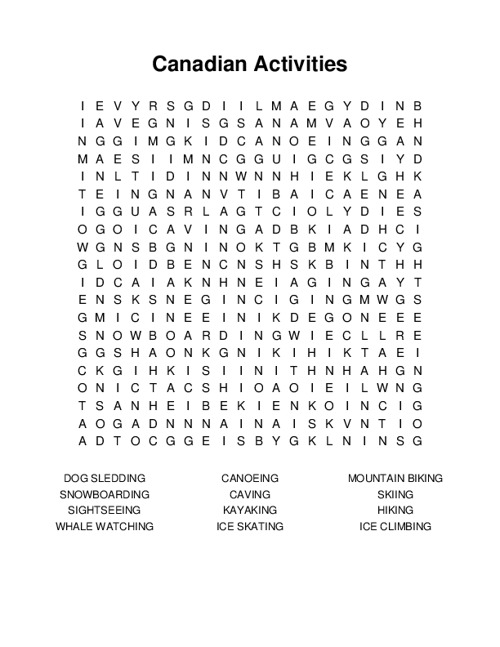 Canadian Activities Word Search Puzzle