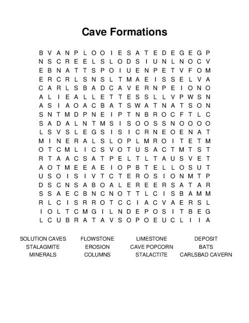 Cave Formations Word Search Puzzle