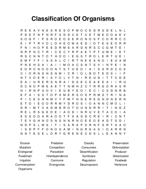 Classification Of Organisms Word Search Puzzle