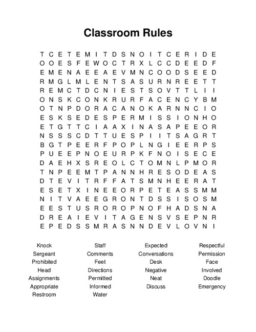 Classroom Rules Word Search Puzzle